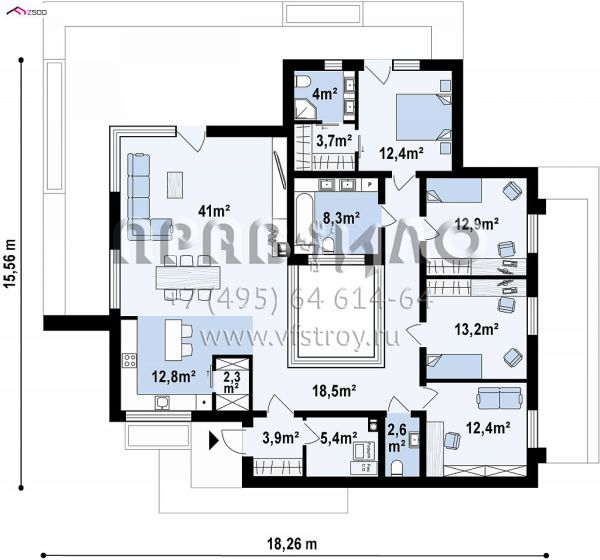 Проект стильного одноэтажного дома с внутренним двориком S3-153-4 (Zx153)