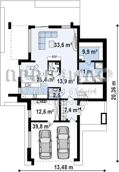 Проект современного двухэтажного дома с большой гостиной, четырьмя спальнями, двухместным гаражом и сауной S3-258-1 (ZX112)