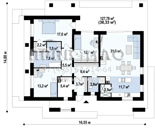 Проект стильного одноэтажного дома с просторной крытой террасой S3-123-6 (Z344)