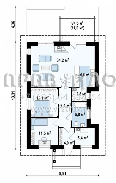 Проект компактного загородного дома с гостиной и двумя спальнями s3-88 (Z329)