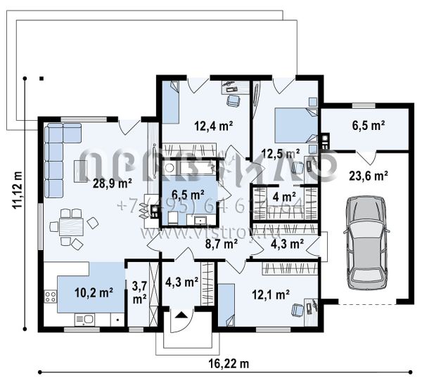 Проект четырехкомнатного одноэтажного дома с гаражом на один автомобиль S3-134-7 (Z375)