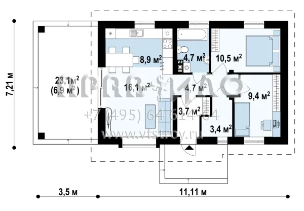 Проект маленького дачного дома с гостиной и двумя спальнями S3-61-2 (Z139 v2)