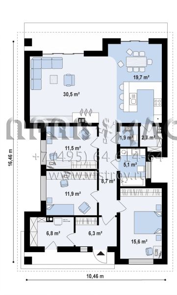 Проект одноэтажного дома с просторной гостиной и тремя спальными комнатами S3-121-4 (Z348)