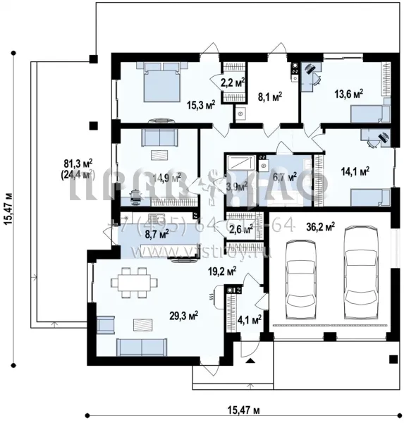 Проект одноэтажного частного дома с гаражом на два автомобиля  S3-181-1 (Z196)