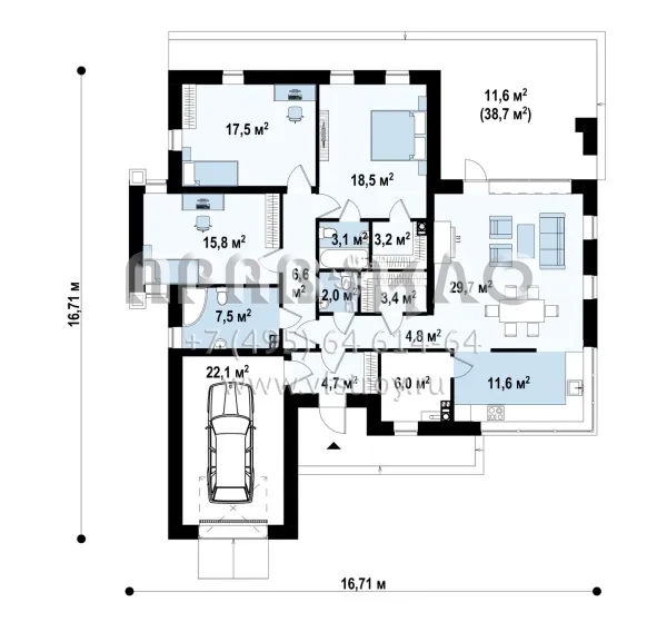 Проект одноэтажного дома в стиле хай-тек с гаражом и с террасой s3-152-2 (Zx56)