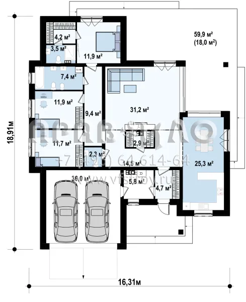 Проект современного одноэтажного дома с многоскатной кровлей и гаражом на два автомобиля S3-181-12 (Z423)