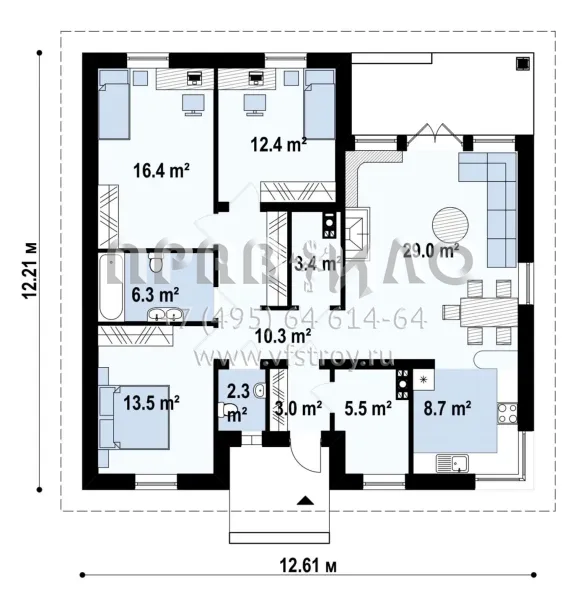 Проект современного квадратного дома с камином в гостиной  S3-111-4 (Z24)