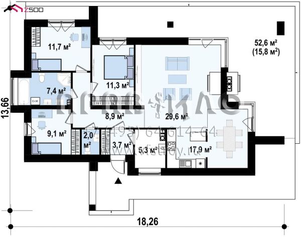 Проект одноэтажного дома в стиле хай-тек с тремя спальными комнатами и камином S3-123-7 (Zx65 s)