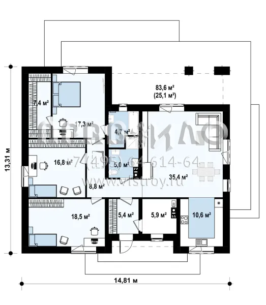 Проект одноэтажного каменного дома с тремя спальнями и просторной гостиной с выходом на террасу S3-136-1 (z321 v1)