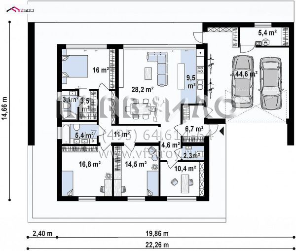 Проект дома в стиле хай-тек с тремя спальнями, кабинетом, гостиной и с большим гаражом S3-182-7 (Zx209)